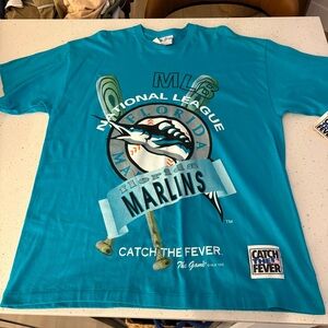 Vintage 1993 Florida Marlins The Game Catch The Fever Tshirt Size XL NWT Teal